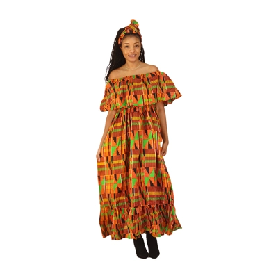 Ankara Print Front-frill Long Dress - ONE SIZE