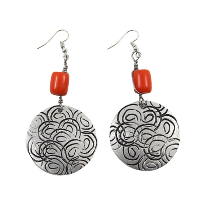Kenyan Bead + Etched Disk Earrings