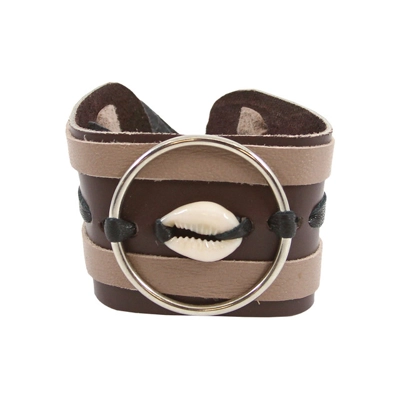 Leather Brass Circle & Shell Cuff