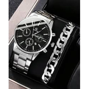 1 pc Men Black Analogue Watch & Bracelet - Silver