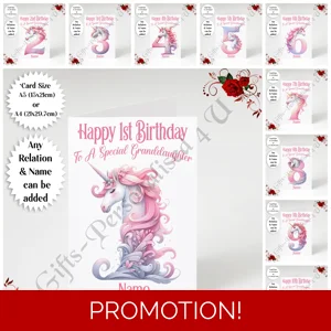 A5 or A4 Personalised Greeting Card - Unicorn - Happy Birthday - Ages 1-16 Any Relation & Name - D.3