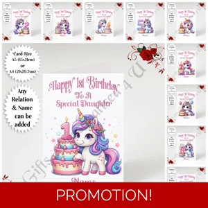 A5 or A4 Personalised Greeting Card - Unicorn - Happy Birthday Ages 1-16 Any Relation & Name - D.1
