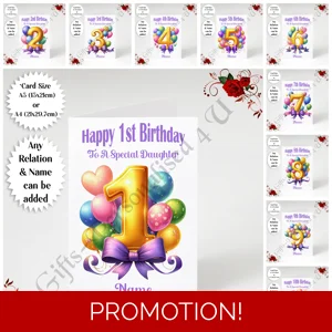 A5 or A4 Personalised Greeting Card - Balloons - Happy Birthday Ages 1-15 Any Relation & Name - D.1