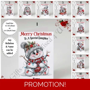 A5 or A4 Personalised Card - Merry Christmas - Cute Snowman - Any Relations - D.1-10