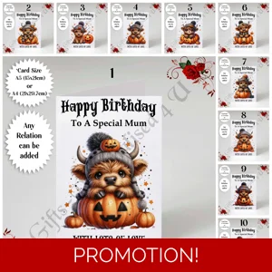 A5 or A4 Personalised Card - Happy Birthday - Halloween Highland Cow - Any Relation - D.1-10