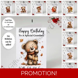 A5 or A4 Personalised Card - Happy Birthday - Autumn Bear - Any Relation - D.1-10