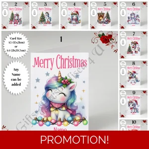 A5 or A4 Personalised Card - Merry Christmas - Unicorn - Name - D.1-18
