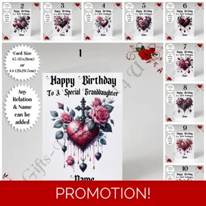A5 or A4 Personalised Greeting Card - Gothic Heart - Happy Birthday - Any Relation & Name - D.1-10