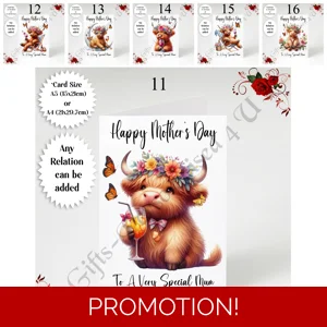 A5 or A4 Personalised Greeting Card - Highland Cow - Happy Mother's Day - Mum Mummy etc - D.11-16