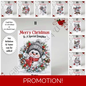 A5 or A4 Personalised Card - Merry Christmas - Cute Snowman - Any Relations - D.11-20