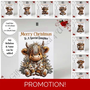 A5 or A4 Personalised Card - Merry Christmas - Highland Cow - Any Relations - D.11-20