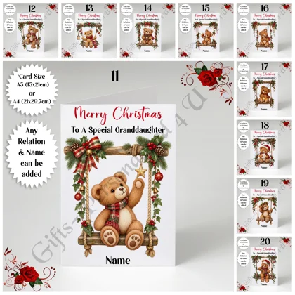 A5 or A4 Personalised Card - Merry Christmas - Bears - Any Relation & Name - D.11-20