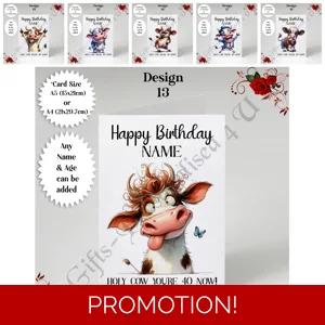 A5 or A4 Personalised Greeting Card - Humour - Cow - Happy Birthday - Name - Any Age - D.13-18