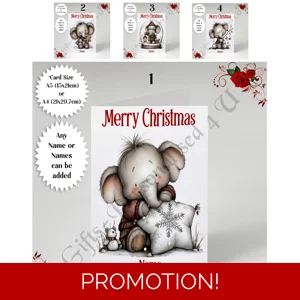 A5 or A4 Personalised Card - Merry Christmas - Elephant - Name or Names - D.1-4