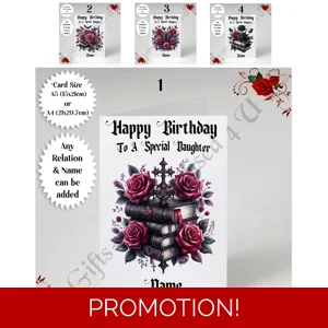 A5 or A4 Personalised Greeting Card - Gothic Books - Happy Birthday - Any Relation & Name - D.1-4