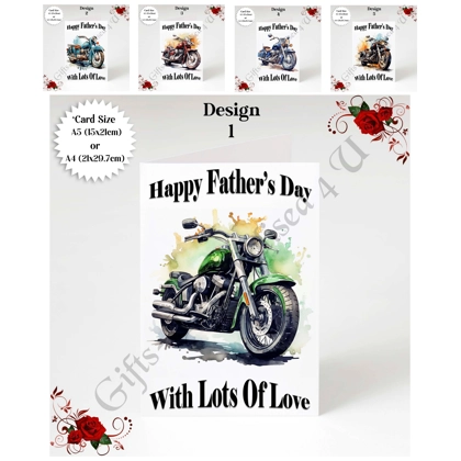 A5 or A4 Designed Greeting Card - Happy Father's Day - Motorbike - D.1-5 A5 or A4 Designed Greeting Card - Happy Father's Day - Motorbike - D.1-5