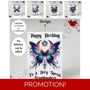 A5 or A4 Personalised Greeting Card - Gothic Butterfly - Happy Birthday - Any Relation - D.1-5