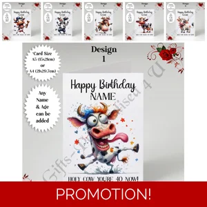 A5 or A4 Personalised Greeting Card - Humour - Cow - Happy Birthday - Name - Any Age - D.1-6