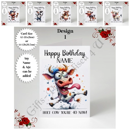 A5 or A4 Personalised Greeting Card - Humour - Cow - Happy Birthday - Name - Any Age - D.1-6 A5 or A4 Personalised Greeting Card - Humour - Cow - Happy Birthday - Name - Any Age - D.1-6
