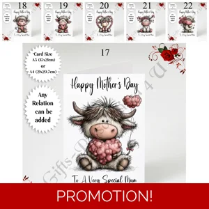 A5 or A4 Personalised Greeting Card - Highland Cow - Happy Mother's Day - Mum Mummy etc - D.17-22