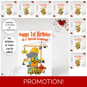 A5 or A4 Personalised Greeting Card - Construction Happy Birthday Ages 1-9 Any Relation & Name - D.1