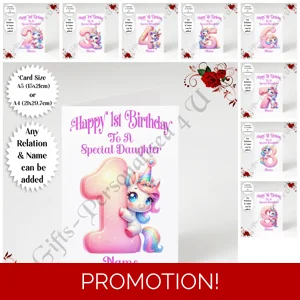 A5 or A4 Personalised Greeting Card - Unicorn - Happy Birthday Ages 1-9 Any Relation & Name - D.2