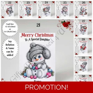 A5 or A4 Personalised Card - Merry Christmas - Cute Snowman - Any Relations - D.21-30