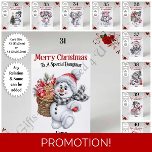 A5 or A4 Personalised Card - Merry Christmas - Cute Snowman - Any Relations - D.31-40