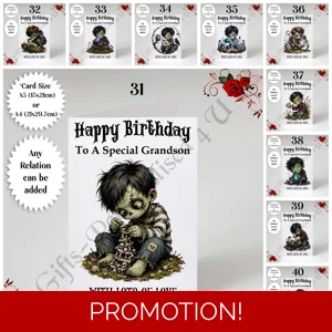 A5 or A4 Personalised Card - Happy Birthday - Halloween Gothic Kids - Any Relation - D.31-40