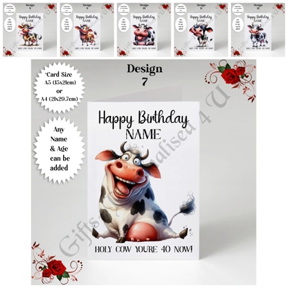 A5 or A4 Personalised Greeting Card - Humour - Cow - Happy Birthday - Name - Any Age - D.7-12 A5 or A4 Personalised Greeting Card - Humour - Cow - Happy Birthday - Name - Any Age - D.7-12