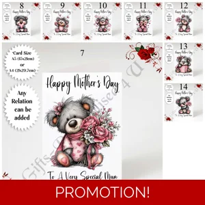 A5 or A4 Personalised Greeting Card - Grey Bear - Happy Mother's Day - Mum Mummy etc - D.7-14