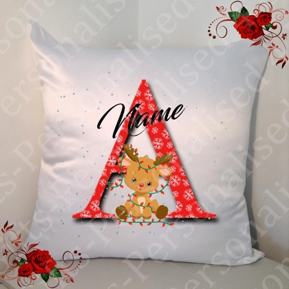 Personalised White 18" Cushion - Christmas - Reindeer - Name - Initial A-Z - Design 2 Personalised White 18" Cushion - Christmas - Reindeer - Name - Initial A-Z - Design 2