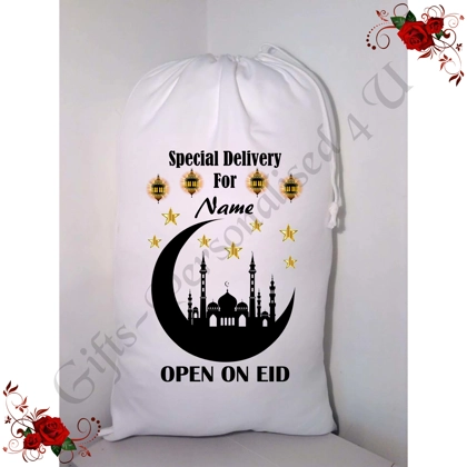 Personalised Gift Bag / Sack - Eid Mubarak Ramadan Islamic - Name - Design 11