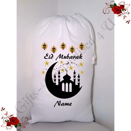 Personalised Gift Bag / Sack - Eid Mubarak Ramadan Islamic - Name - Design 1