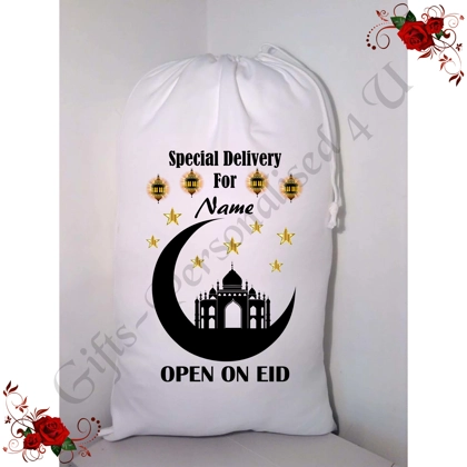 Personalised Gift Bag / Sack - Eid Mubarak Ramadan Islamic - Name - Design 8