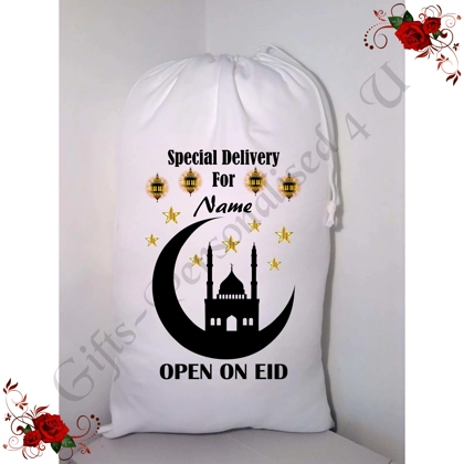 Personalised Gift Bag / Sack - Eid Mubarak Ramadan Islamic - Name - Design 9