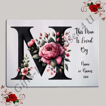 Personalised Glass Chopping Board - This Mum / Mummy / Mam / Mom Is Loved By Name – D.3