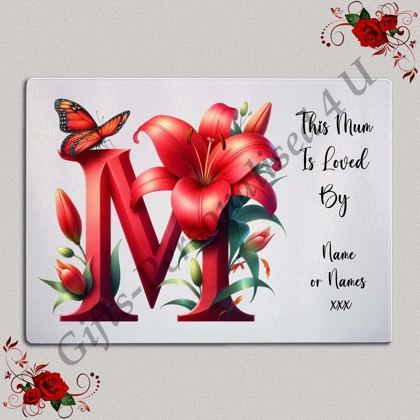 Personalised Glass Chopping Board - This Mum / Mummy / Mam / Mom Is Loved By Name – D.59
