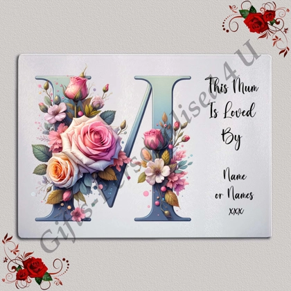Personalised Glass Chopping Board - This Mum / Mummy / Mam / Mom Is Loved By Name – D.60