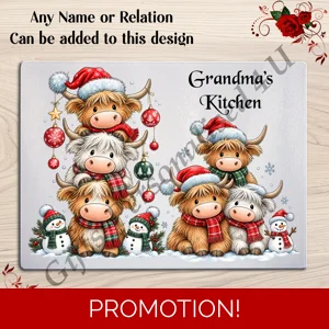 Personalised Glass Chopping Board - Christmas - Highland Cows - Name or Relation - D.1