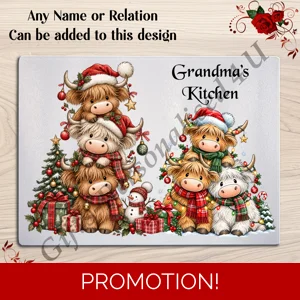 Personalised Glass Chopping Board - Christmas - Highland Cows - Name or Relation - D.2