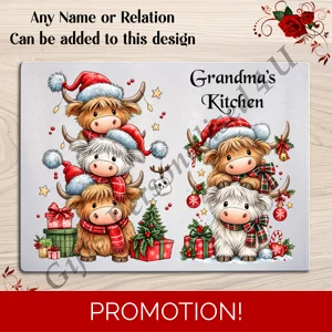 Personalised Glass Chopping Board - Christmas - Highland Cows - Name or Relation - D.3