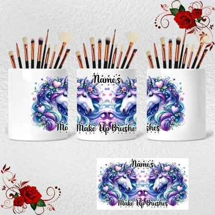 Personalised Ceramic Make Up Brush Holder - Unicorns & Hearts – Name’s Make Up Brushes – Design 1