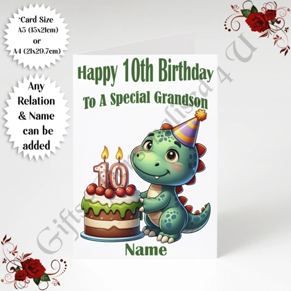 A5 or A4 Personalised Greeting Card - Dinosaur - Happy 10th Birthday - Any Relation & Name - D.1 A5 or A4 Personalised Greeting Card - Dinosaur - Happy 10th Birthday - Any Relation & Name - D.1