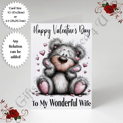 A5 or A4 Personalised Card - Happy Valentine's Day - Cute Bear - Any Relation - D.10