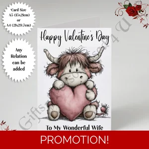 A5 or A4 Personalised Card - Happy Valentine's Day - Highland Cow - Any Relation - D.10