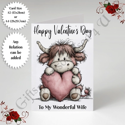 A5 or A4 Personalised Card - Happy Valentine's Day - Highland Cow - Any Relation - D.10