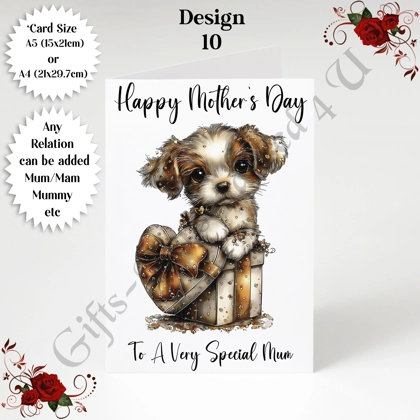 A5 or A4 Personalised Greeting Card - Dog & Hearts - Happy Mother's Day - Mum Mummy etc - D.10