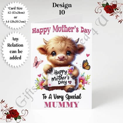 A5 or A4 Personalised Greeting Card - Highland Cow - Happy Mother's Day - Mum Mummy etc - D.10