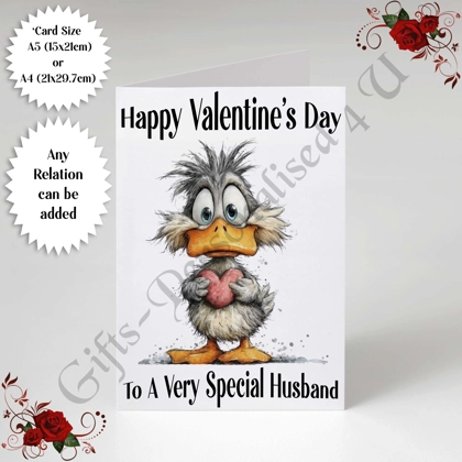 A5 or A4 Personalised Card - Happy Valentine's Day - Duck - Any Relation - D.10